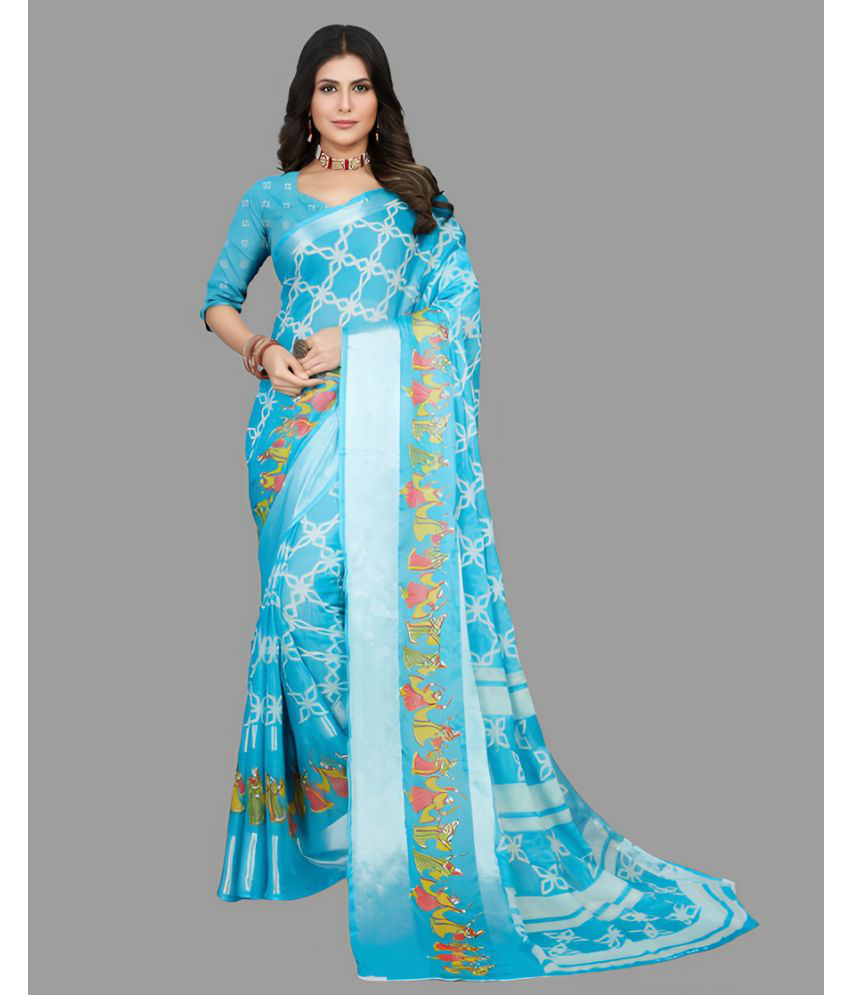     			Sanwariya Silks Chiffon Printed Saree With Blouse Piece - Turquoise ( Pack of 1 )