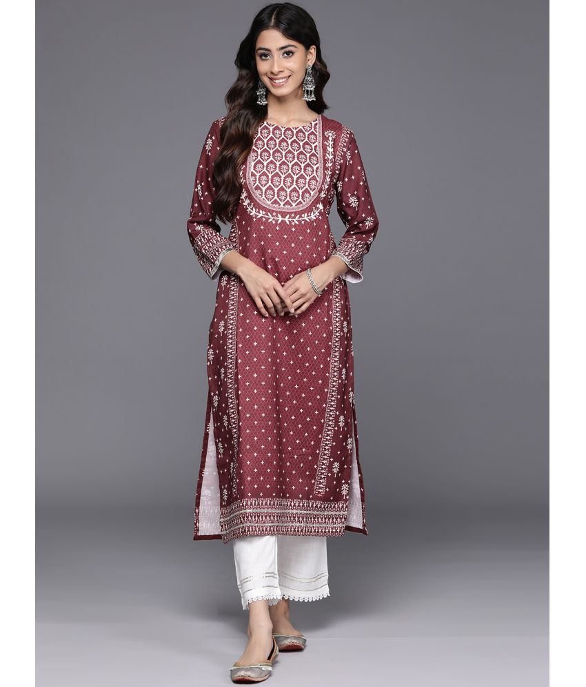     			Varanga Cotton Blend Printed Straight Women's Kurti - Maroon ( Pack of 1 )