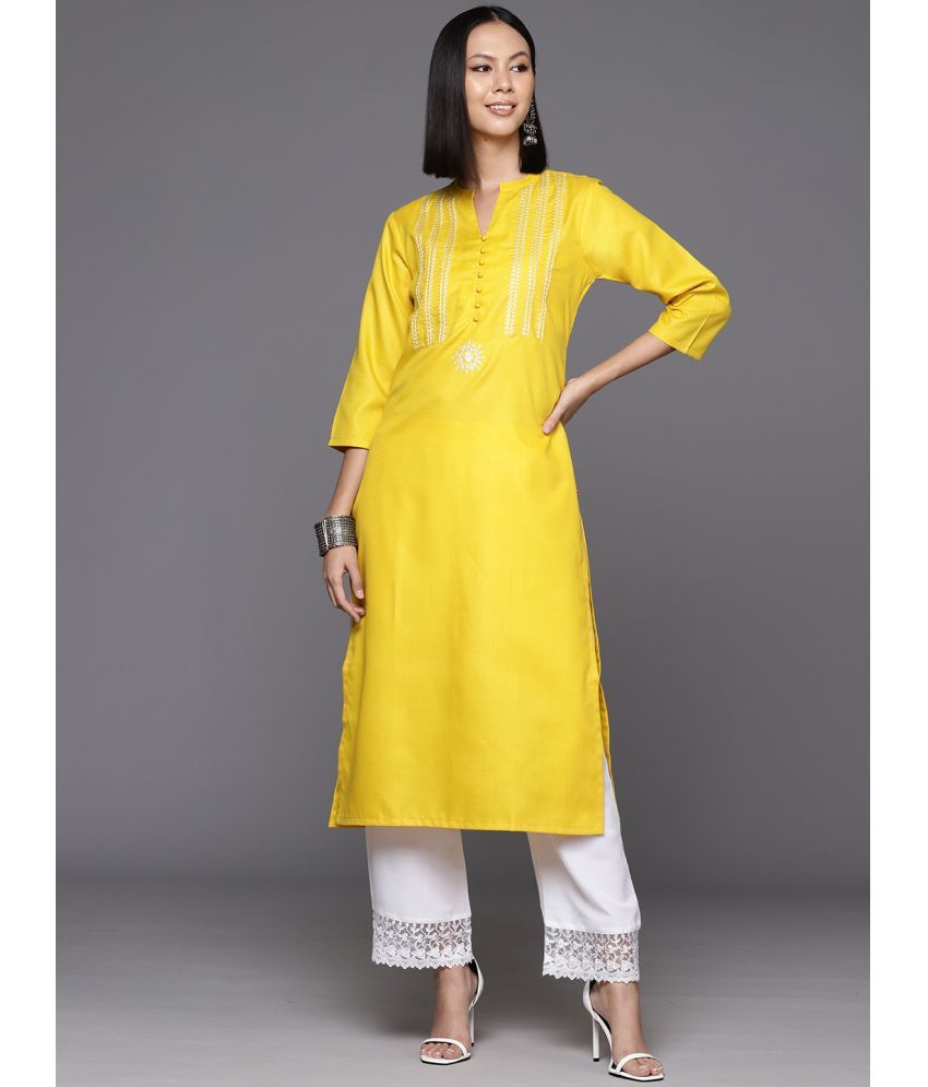     			Varanga Cotton Embroidered Straight Women's Kurti - Yellow ( Pack of 1 )