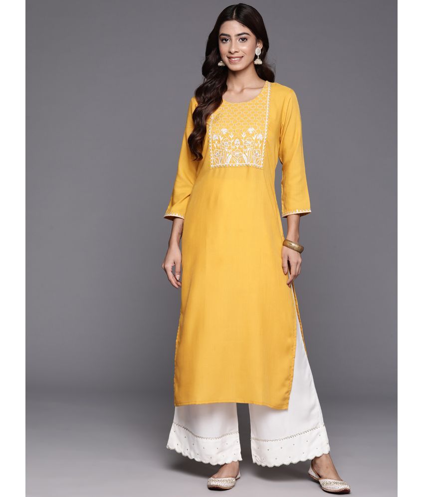     			Varanga Viscose Embroidered Straight Women's Kurti - Mustard ( Pack of 1 )