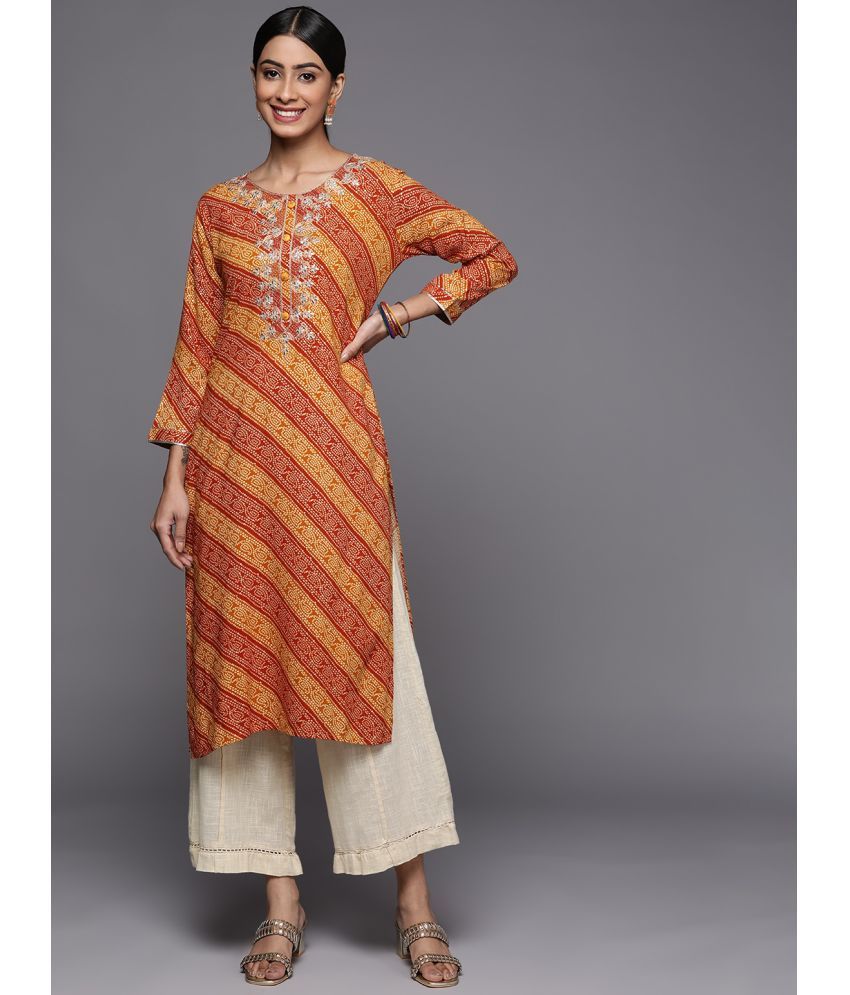     			Varanga Viscose Printed Straight Women's Kurti - Mustard ( Pack of 1 )