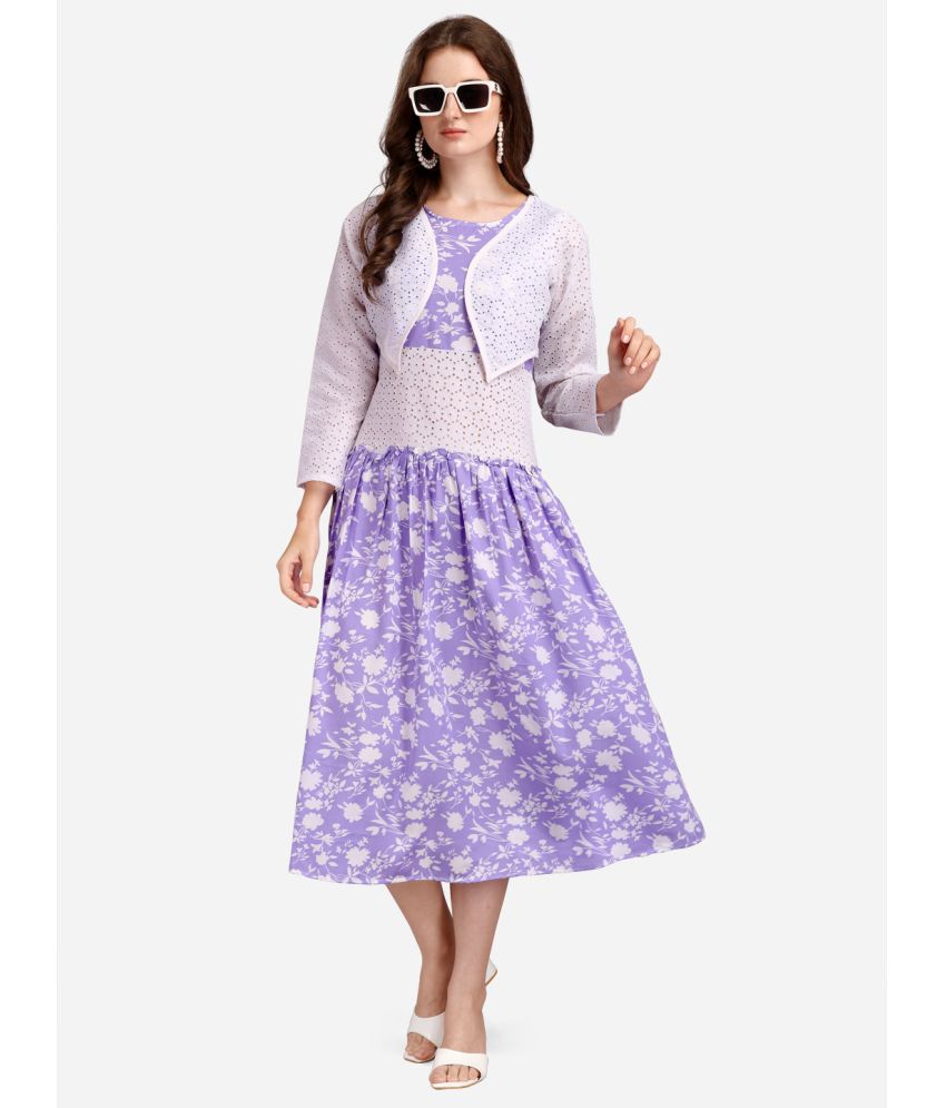     			gufrina Rayon Printed Midi Women's Fit & Flare Dress - Lavender ( Pack of 1 )
