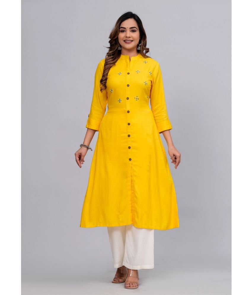     			MAUKA Rayon Embroidered Kurti With Palazzo Women's Stitched Salwar Suit - Yellow ( Pack of 1 )