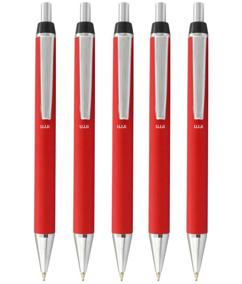     			UJJi Red Color Click on and Off Matte Finish Body Pack of 5 Retractable (Blue Ink) Metal Ball Pen
