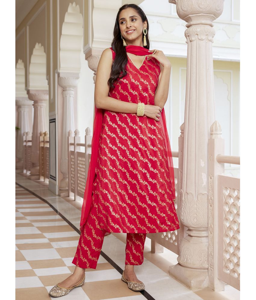    			Janasya Brocade Printed Kurti With Pants Women's Stitched Salwar Suit - Red ( Pack of 1 )