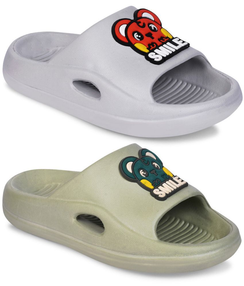     			Combit Fancy Lightweight Unisex Slide's | Slippers Combo for Kids (Grey, Olive)