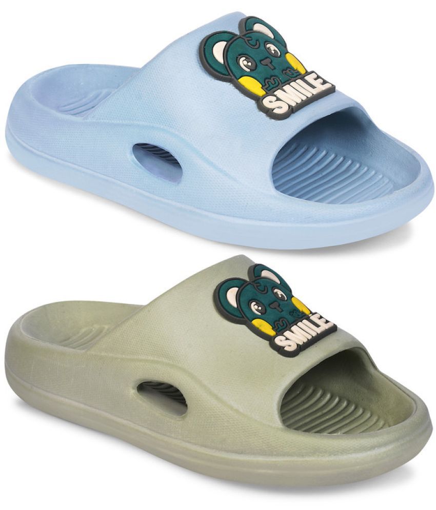     			Combit Fancy Lightweight Unisex Slide's | Slippers Combo for Kids (Olive, Sky)