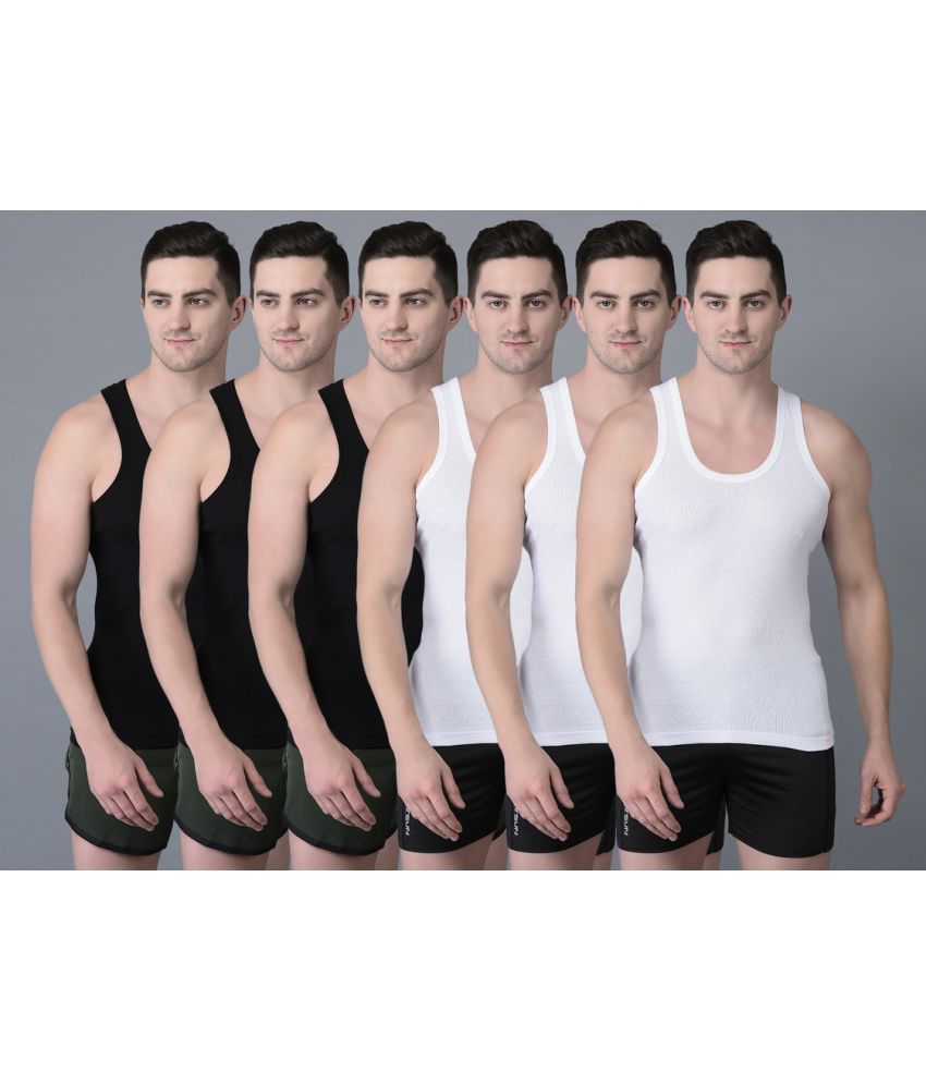     			Pack of 6 Dollar Bigboss Black-White Solid Cotton Blend Men Vest