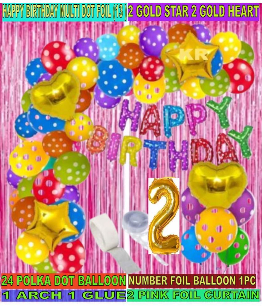    			KR 2ND HAPPY BIRTHDAY DECORATION WITH HAPPY BIRTHDAY MULTI DOT FOIL BALLOON ( 13 ), 1 ARCH,1 GLUE, 24 POLKA DOT BALLOON 2 PINK CURTAIN 2 GOLD STAR, 2 GOLD HEART 2 NO. GOLD FOIL BALLOON