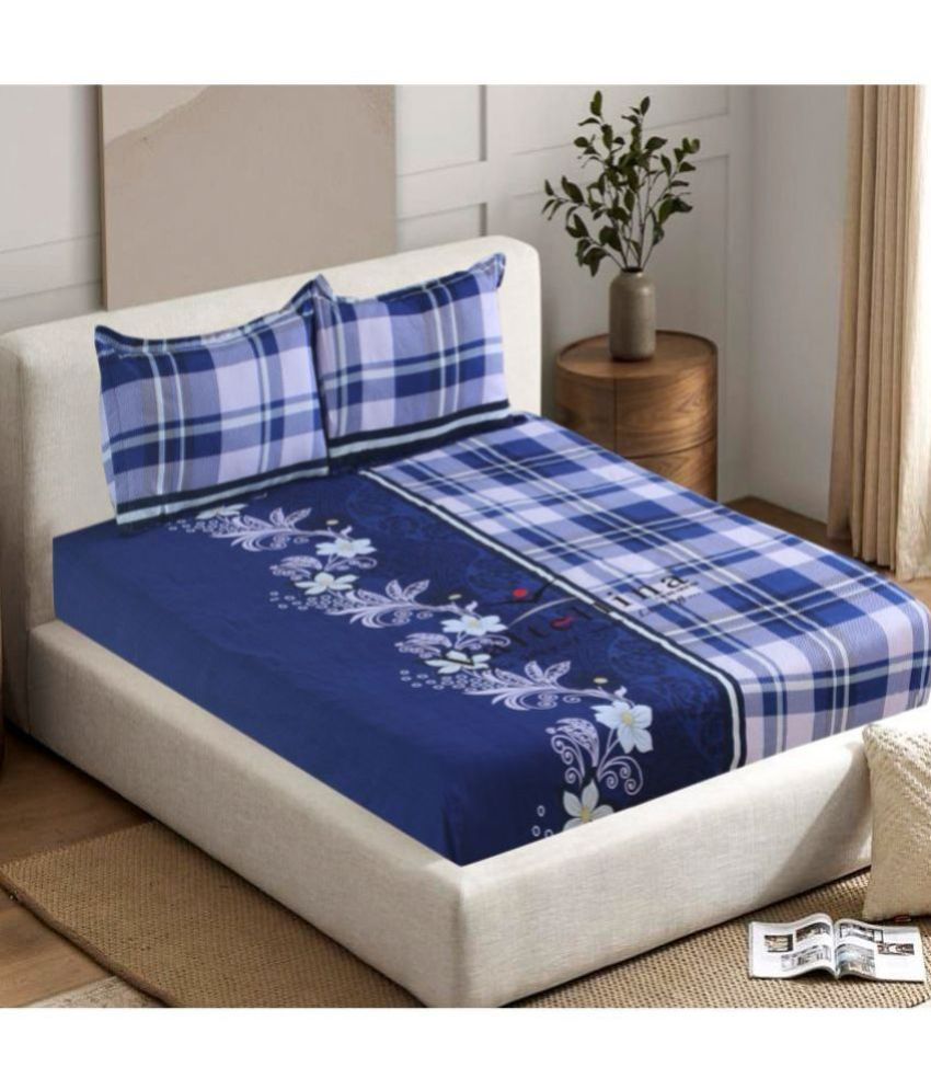     			Valtellina Cotton Floral Double Size Bedsheet with 2 Pillow Covers - Navy Blue