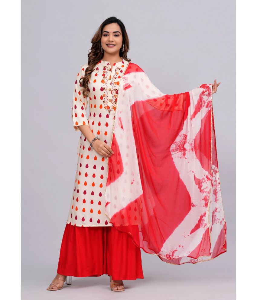     			MAUKA Rayon Printed Kurti With Sharara And Gharara Women's Stitched Salwar Suit - Beige ( Pack of 1 )