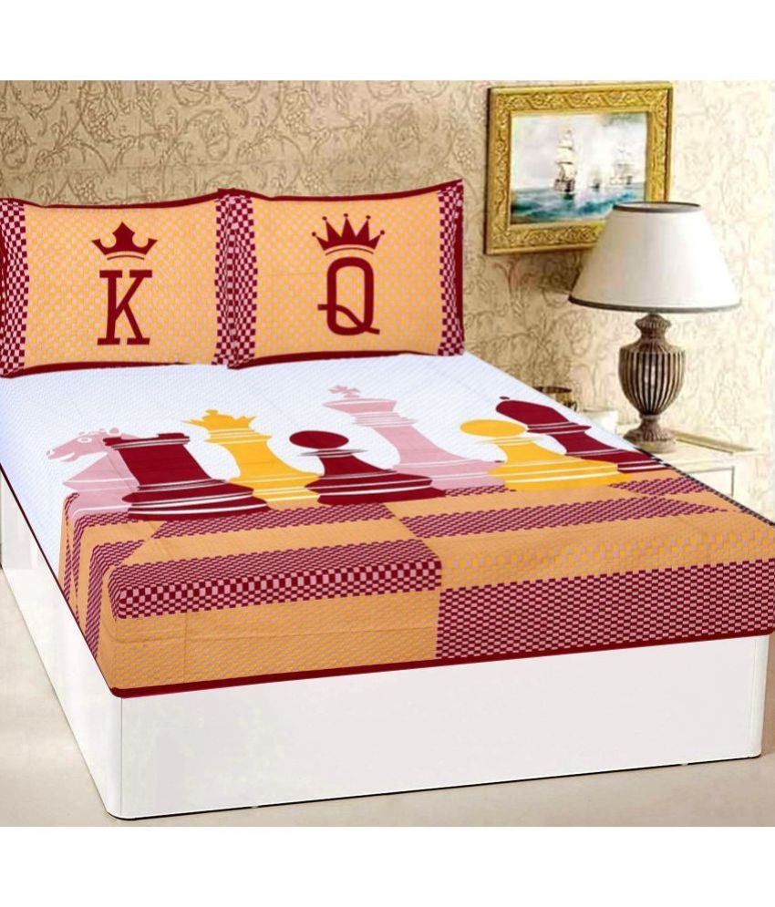    			ETHNICO Cotton Graphic Double Bedsheet with 2 Pillow Covers - Orange