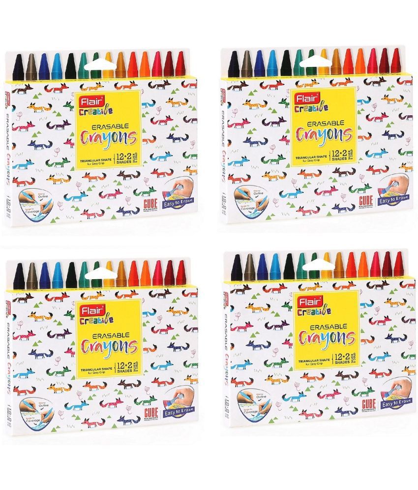 FLAIR Creative Non Toxic Triangular 14 Shades Erasable Crayons (Set of 4, Multicolor)