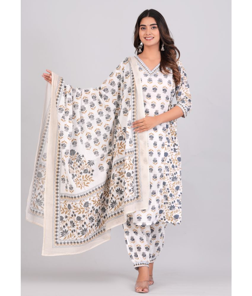     			Heavenly Attire Cotton Printed Kurti With Pants Women's Stitched Salwar Suit - White ( Pack of 1 )