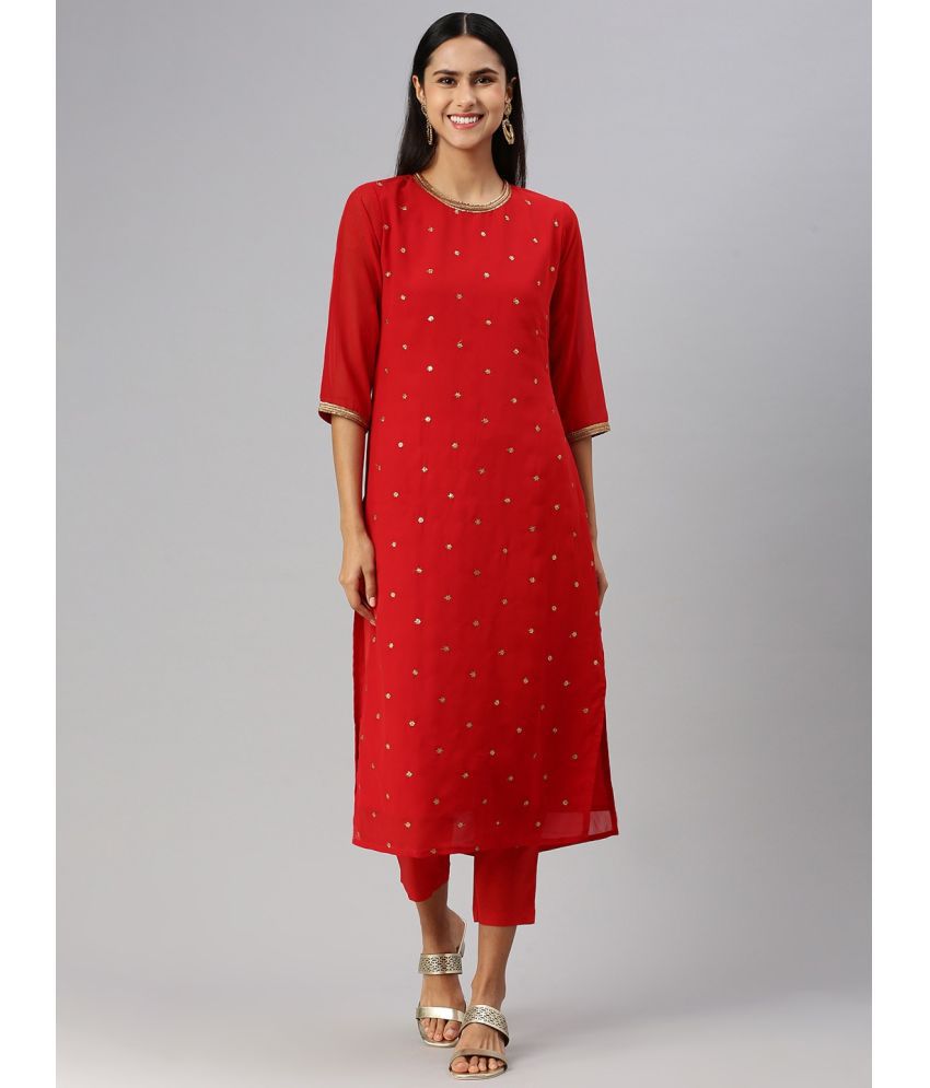     			Hritika Georgette Embellished Kurti With Pants Women's Stitched Salwar Suit - Red ( Pack of 1 )