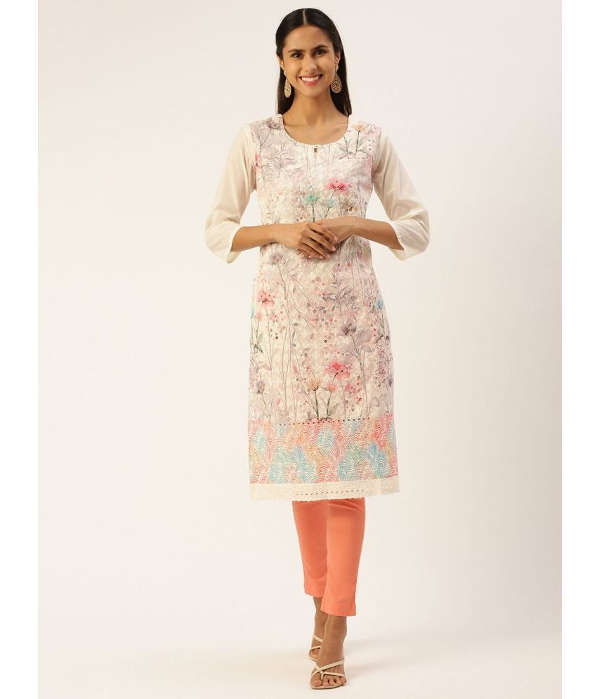     			SHANVIKA 100% Cotton Embroidered Straight Women's Kurti - Cream ( Pack of 1 )