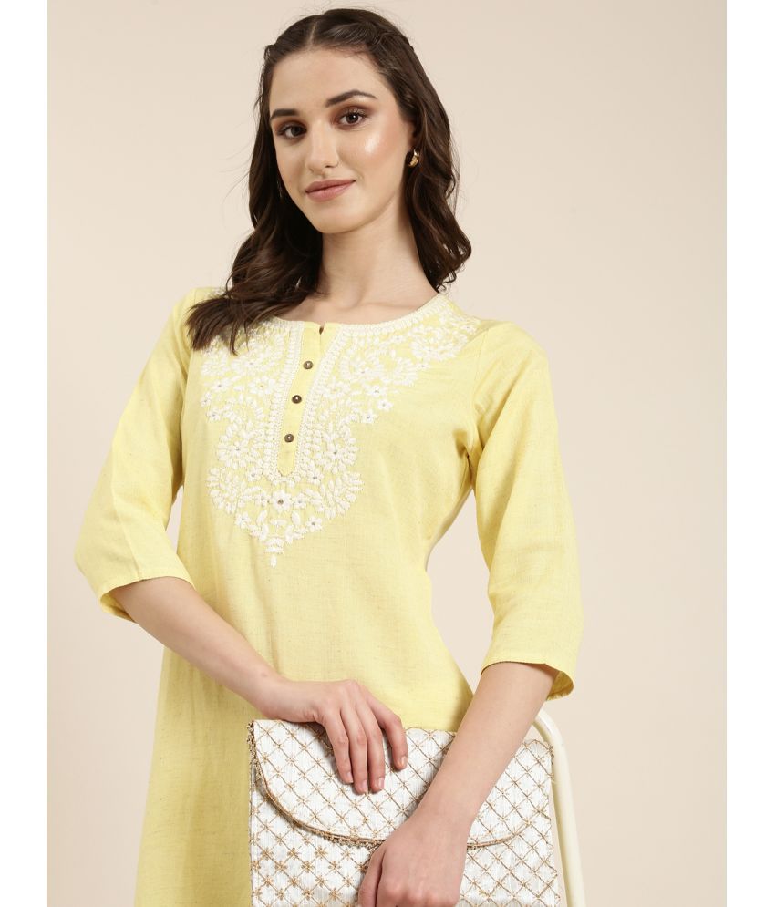     			Showoff Cotton Blend Embellished Straight Women's Kurti - Yellow ( Pack of 1 )