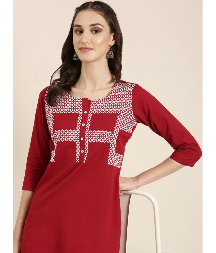     			Showoff Cotton Blend Embellished Straight Women's Kurti - Maroon ( Pack of 1 )