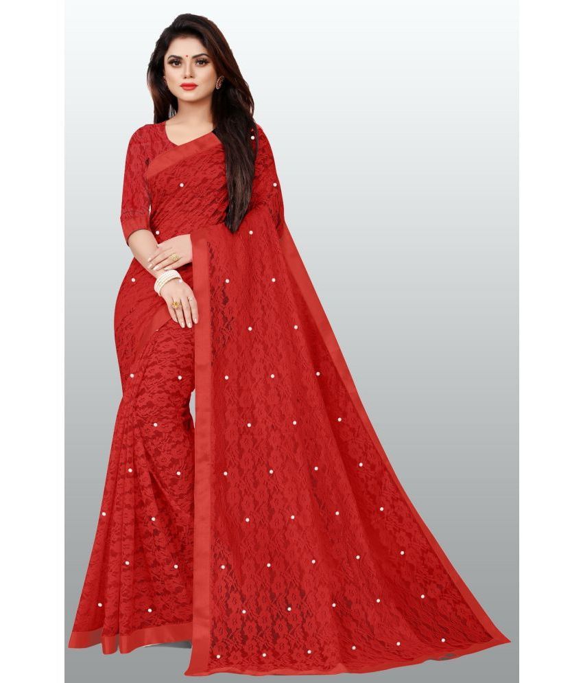     			VANRAJ CREATION Net Self Design Saree With Blouse Piece - Red ( Pack of 1 )