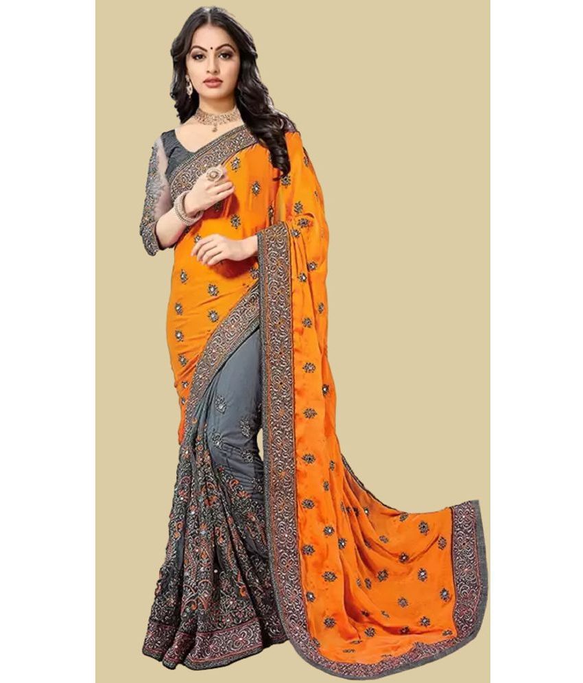    			Aika Silk Blend Embroidered Saree With Blouse Piece - Orange ( Pack of 1 )
