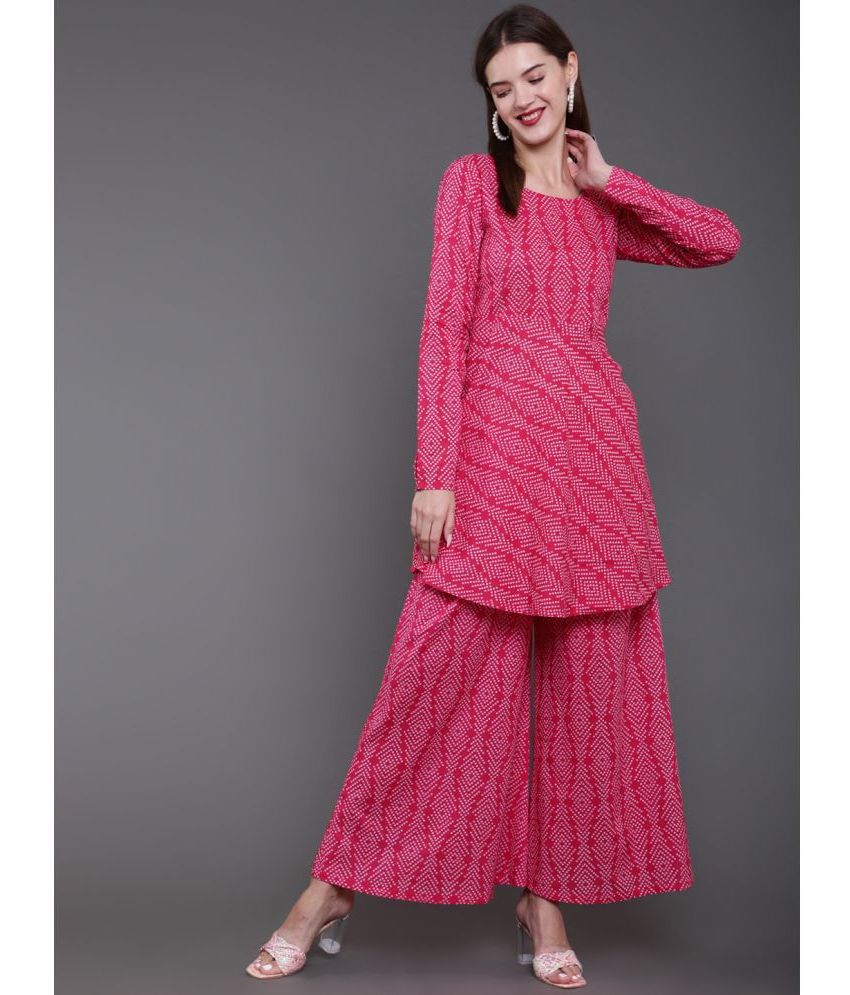     			Antaran Cotton Printed Kurti With Palazzo Women's Stitched Salwar Suit - Pink ( Pack of 1 )
