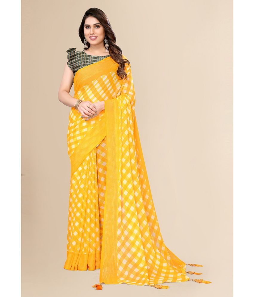     			FABMORA Chiffon Printed Saree With Blouse Piece - Gold ( Pack of 1 )