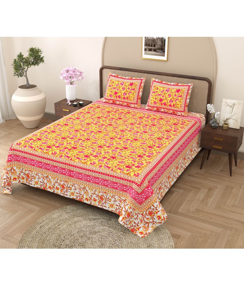     			RajasthaniKart Cotton Floral Double Bedsheet with 2 Pillow Covers - Yellow