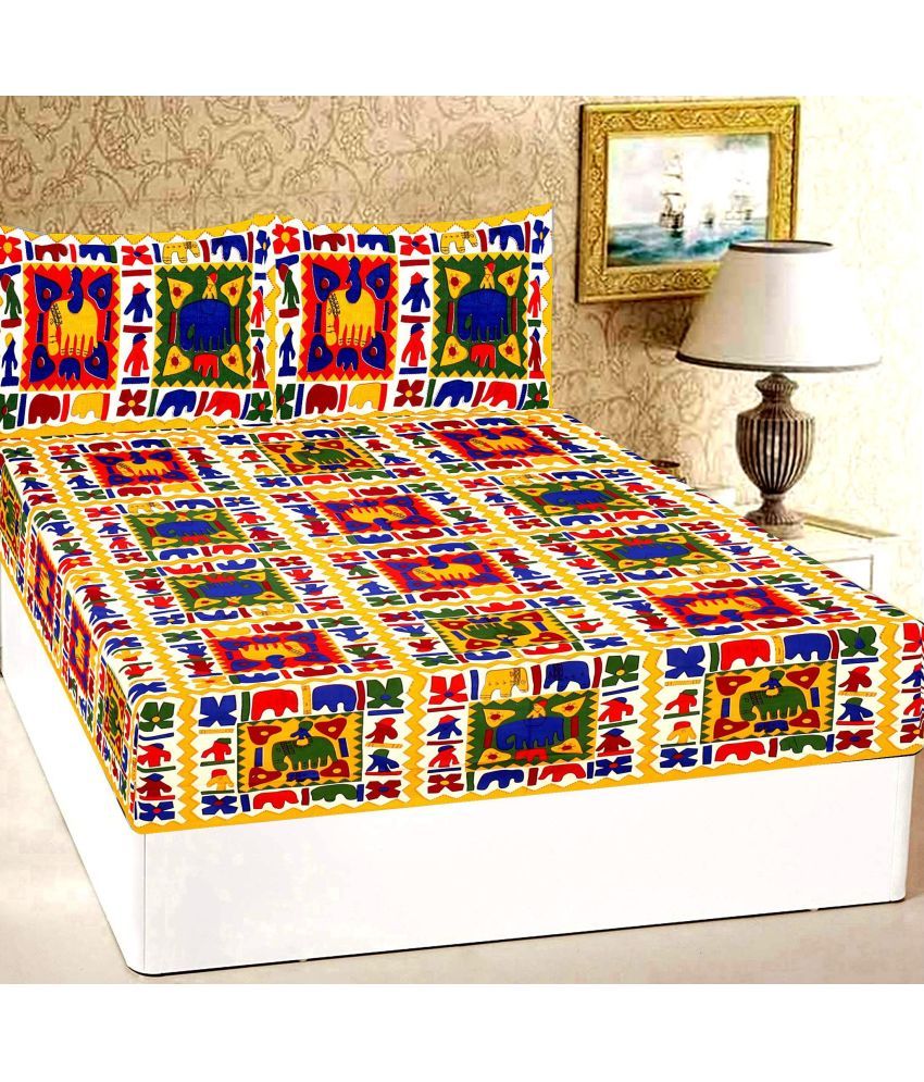     			Ethios Cotton Ethnic Double Bedsheet with 2 Pillow Covers - Yellow