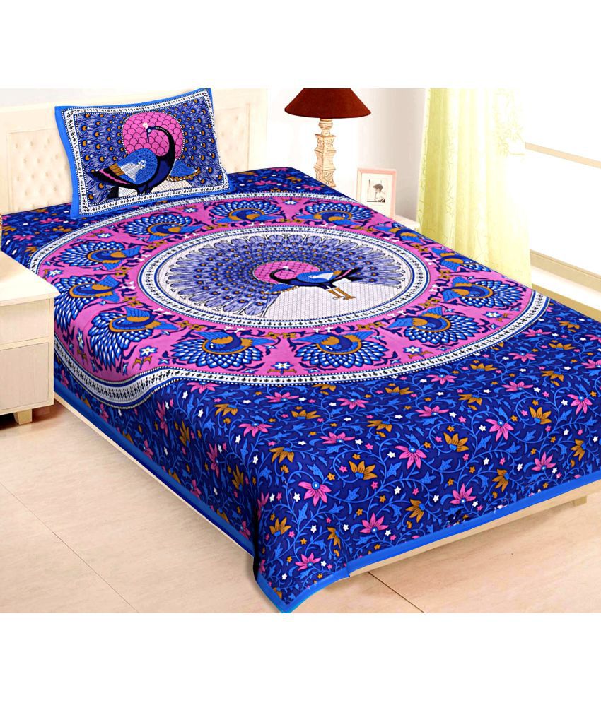     			Ethios Cotton Floral Single Bedsheet with 1 Pillow Cover - Blue