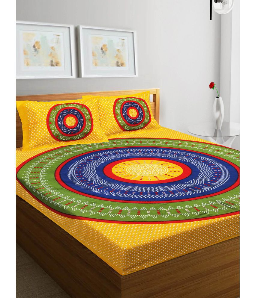     			RajasthaniKart Cotton Abstract Double Bedsheet with 2 Pillow Covers - Yellow