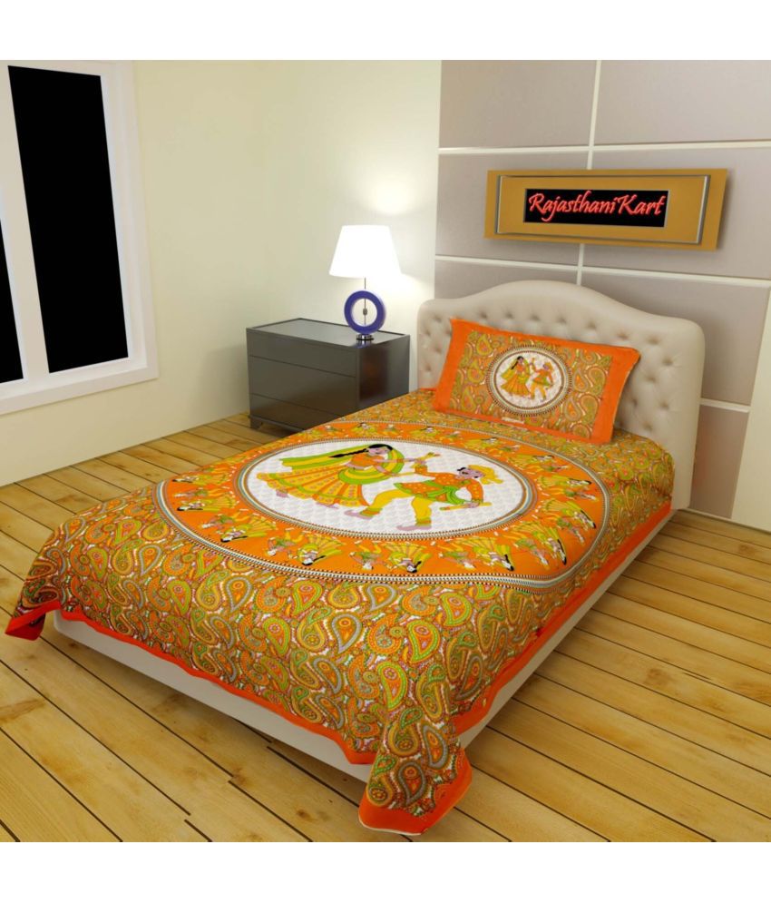     			RajasthaniKart Cotton People Single Bedsheet with 1 Pillow Cover - Orange