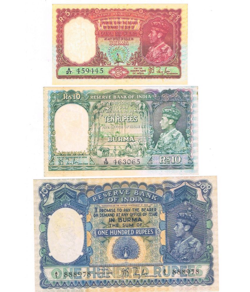     			currency bazaar -Combo of 3 British India King George VI 5,10 & 100 Rupees JB Taylor Burma Issue Fancy Note only for Collection