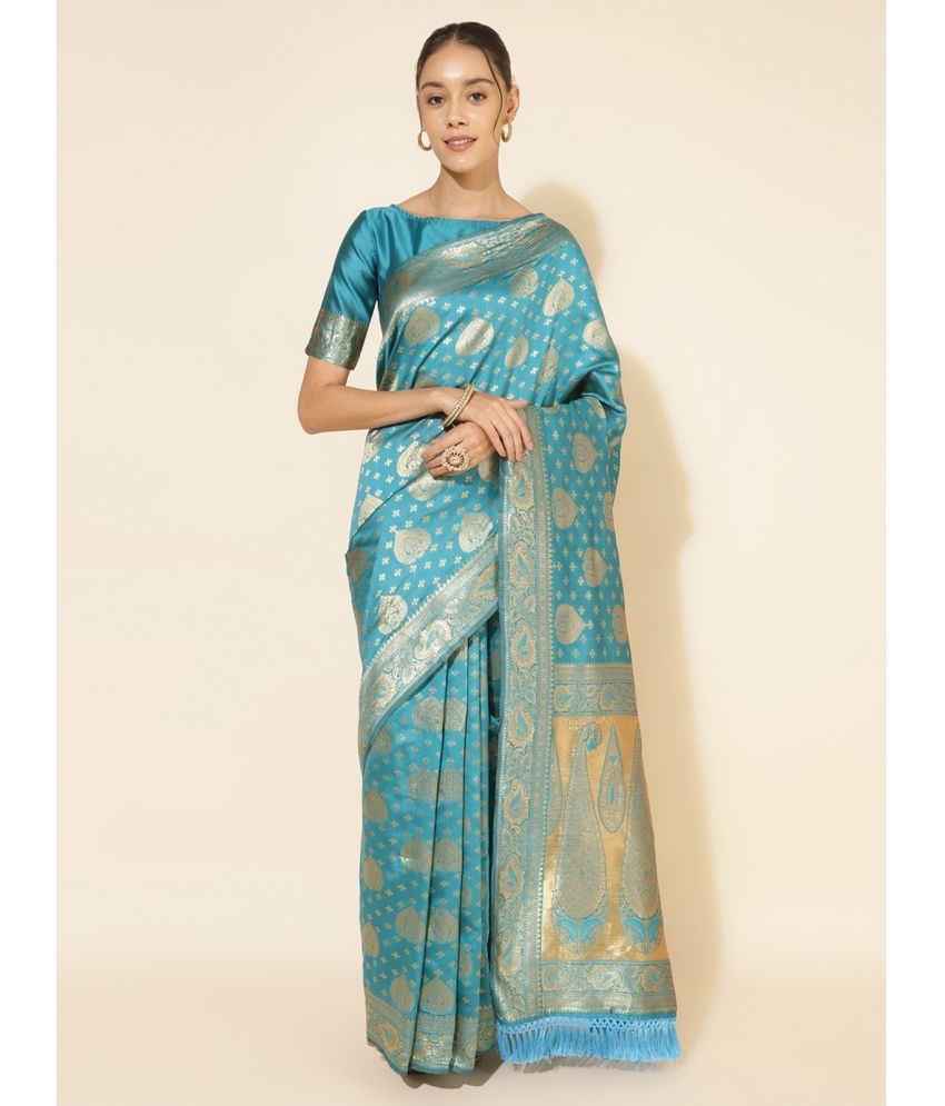     			Janasya Banarasi Silk Woven Saree With Blouse Piece - Turquoise ( Pack of 1 )