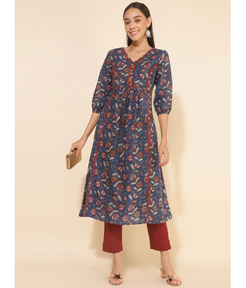     			Janasya Cotton Printed A-line Women's Kurti - Blue ( Pack of 1 )