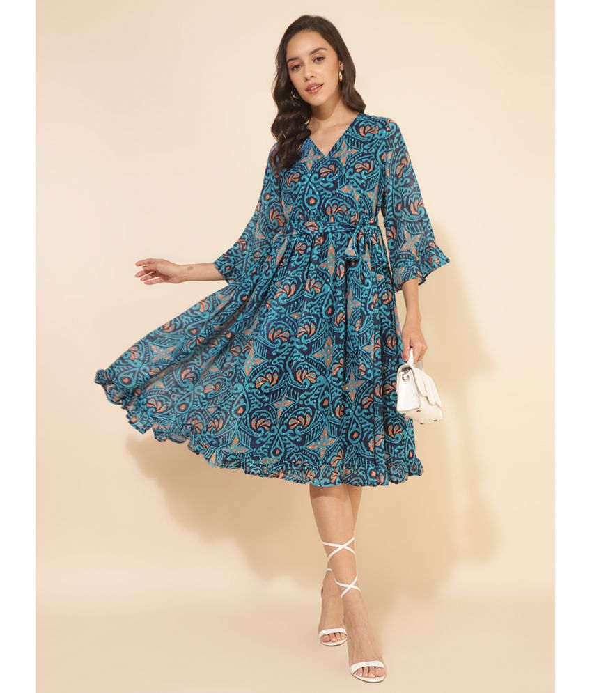     			Janasya Georgette Printed Midi Women's Fit & Flare Dress - Blue ( Pack of 1 )