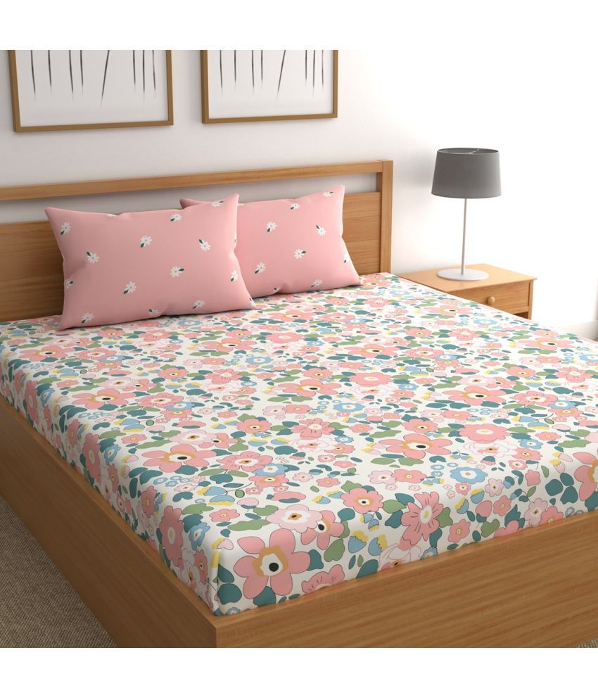     			chhavi india Poly Cotton Floral Double Bedsheet with 2 Pillow Covers - Pink