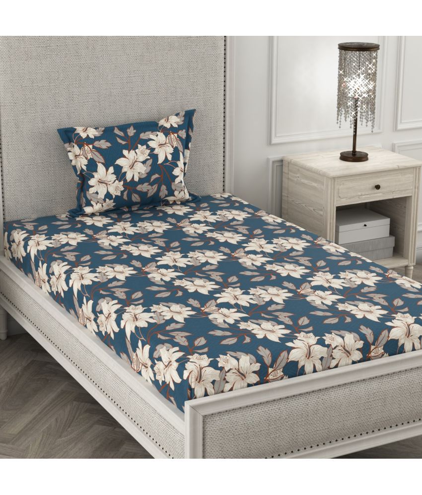     			chhavi india Poly Cotton Floral Single Bedsheet with 1 Pillow Cover - Blue