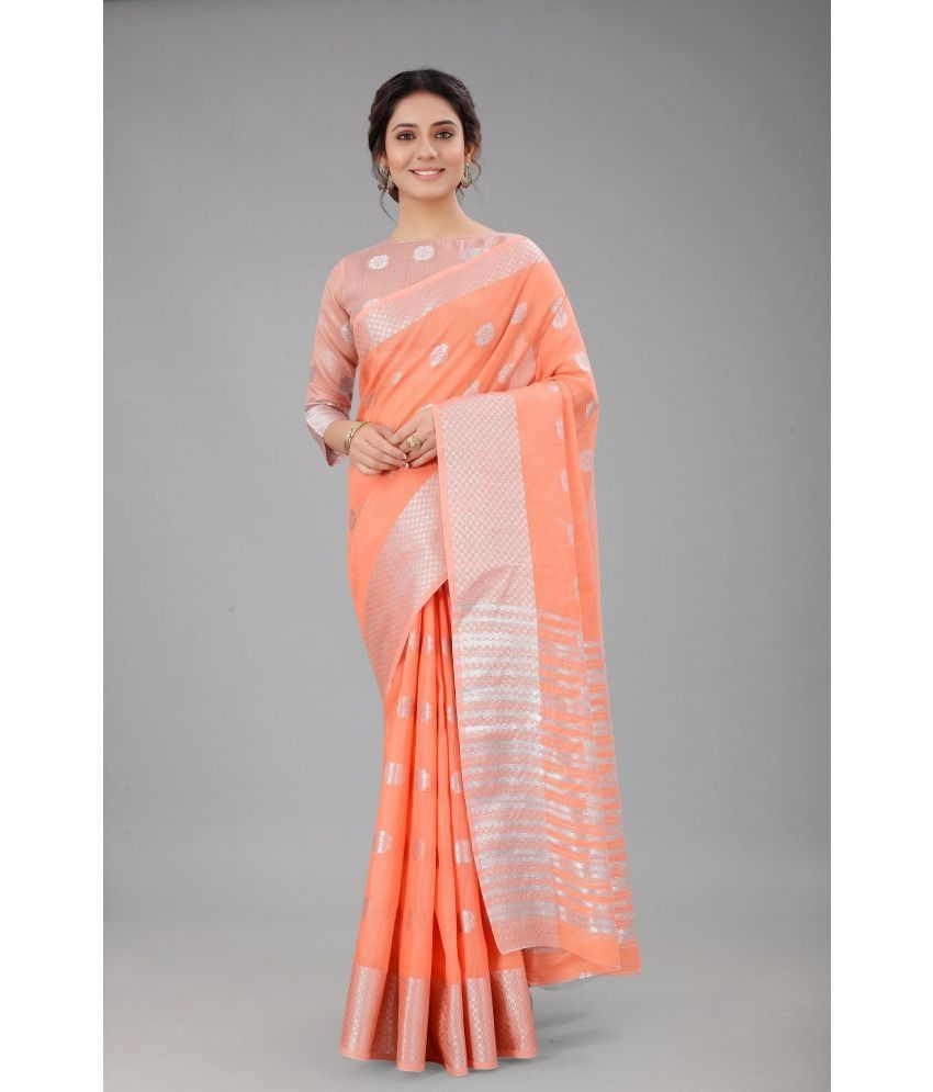     			Aika Cotton Silk Embellished Saree With Blouse Piece - Peach ( Pack of 1 )