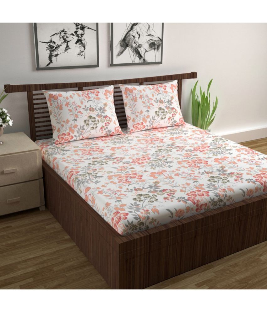     			DIVINE CASA Cotton Floral Double Bedsheet with 2 Pillow Covers - Rose Gold