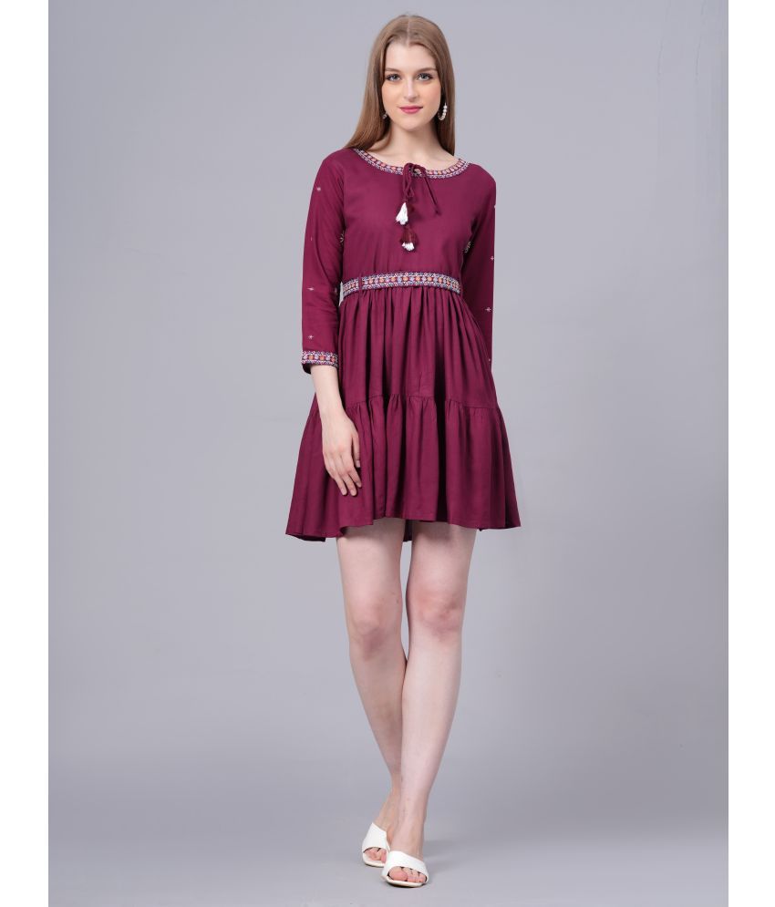     			HIGHLIGHT FASHION EXPORT Rayon Embroidered Above Knee Women's Fit & Flare Dress - Maroon ( Pack of 1 )