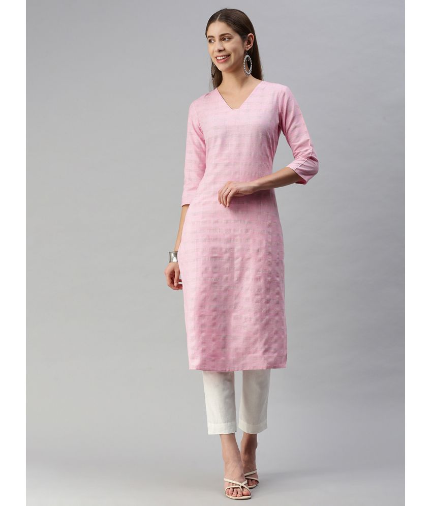     			Hritika Cotton Blend Checks Straight Women's Kurti - Pink ( Pack of 1 )