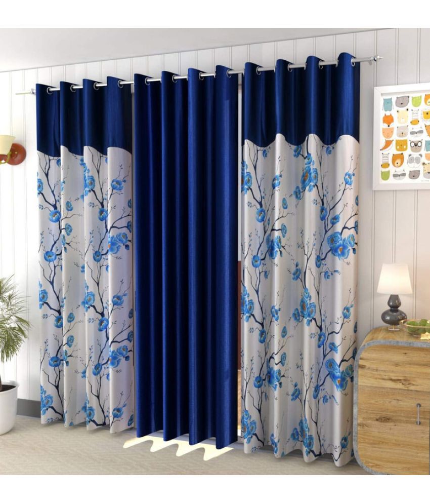     			Kraftiq Homes Floral Semi-Transparent Eyelet Curtain 5 ft ( Pack of 3 ) - Blue