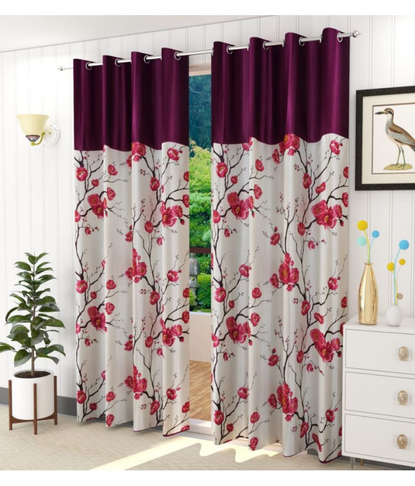     			Kraftiq Homes Floral Semi-Transparent Eyelet Curtain 5 ft ( Pack of 2 ) - Maroon
