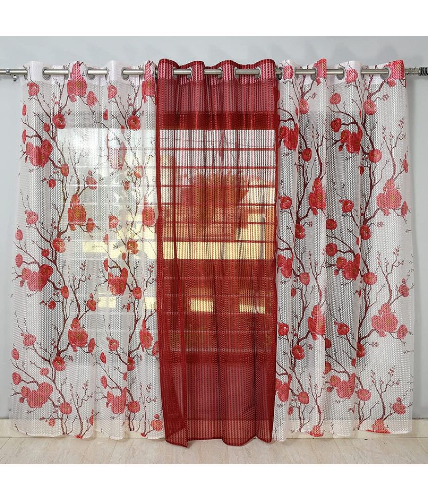     			Kraftiq Homes Floral Transparent Eyelet Curtain 5 ft ( Pack of 3 ) - Red