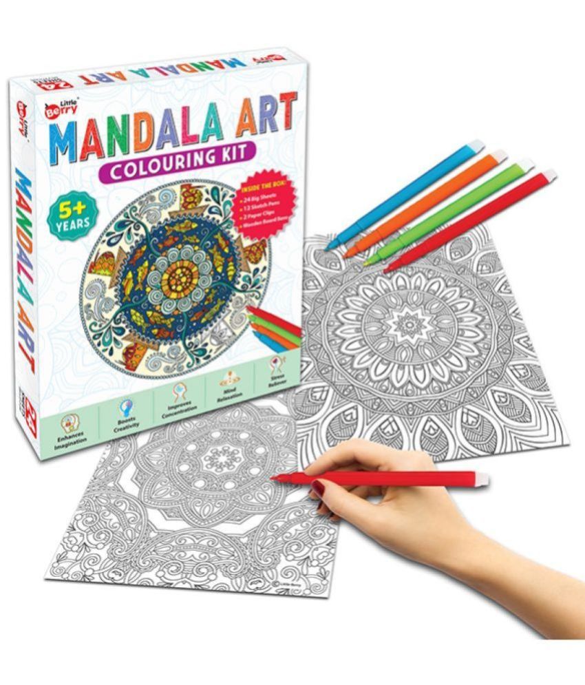     			Little Berry Mandala Colouring Kit With 24 Big Sheets and 12 Sketch Pens - Mandala Set for Adults, Girls, Boys, Kids - Mandala Art with Wooden Board and Paper Clips - Gifting, Art & Craft and Creativity Set