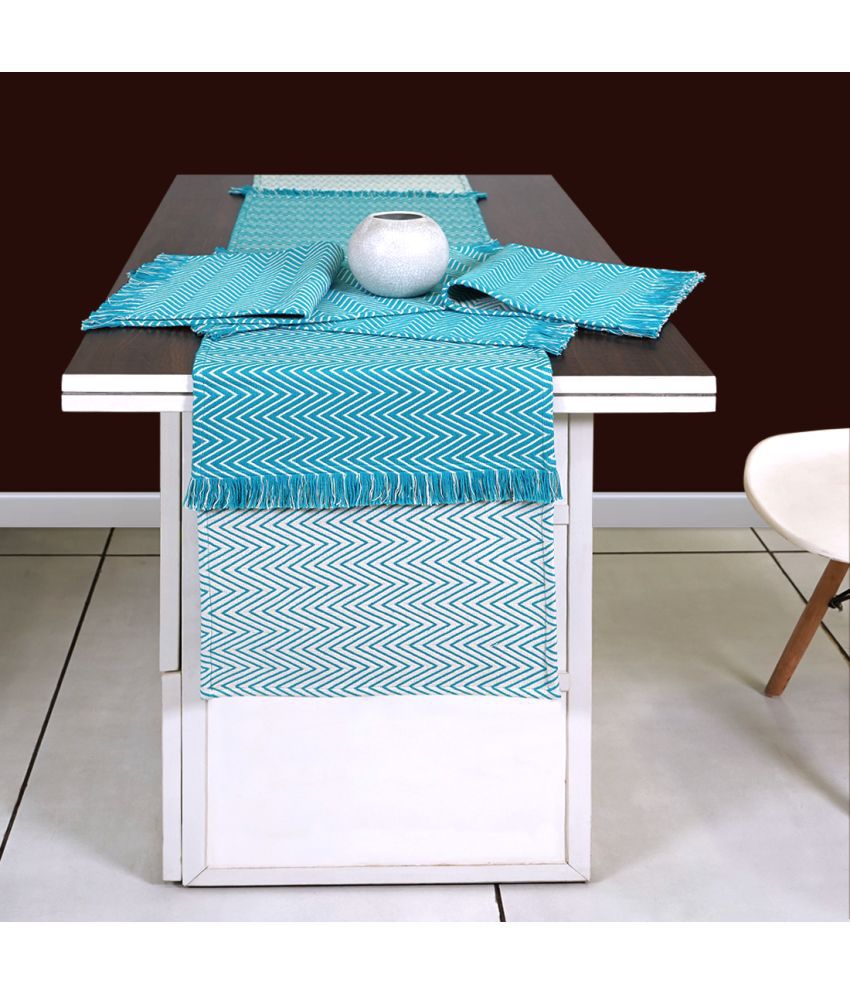     			ODE & CLEO Kitchen Linen Set of 7 Cotton Dining Table Mat's and Runner - Blue
