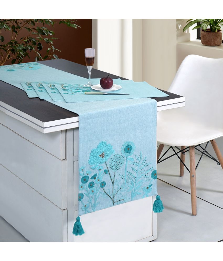     			ODE & CLEO Kitchen Linen Set of 7 Cotton Dining Table Mat's and Runner - Blue