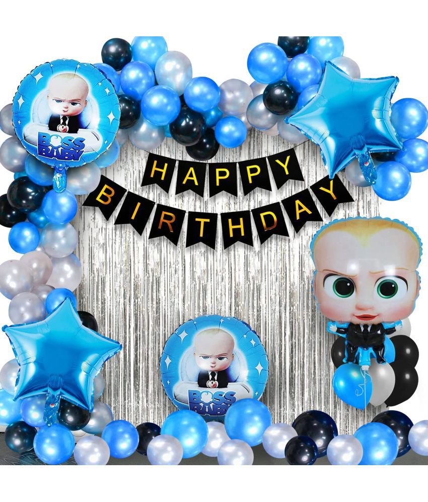     			Urban Classic BossBaby theme pack of 60 pcs - 40pcs blue,white,black balloons,2pc blue Star Foil Balloons, 2pc Foil Balloons, 1pc Birthday Banner, 2 silver curtain, 1pc BossBaby Foil balloon