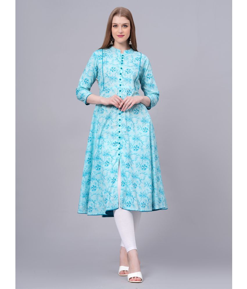     			HIGHLIGHT FASHION EXPORT Cotton Blend Printed Midi Women's A-line Dress - Light Blue ( Pack of 1 )