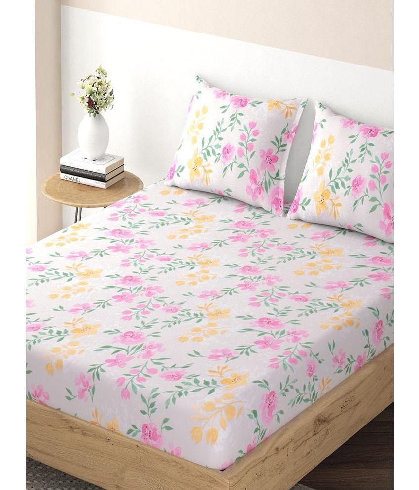     			HOKIPO Microfibre Floral Fitted Fitted bedsheet with 2 Pillow Covers ( Double Bed ) - Beige